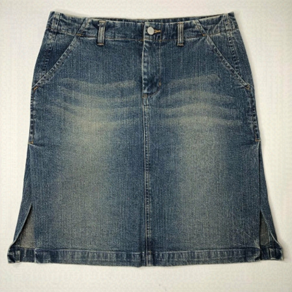 American Eagle Medium Washed Distressed Pockets Denim Slits Jean Skirt SIZE 4